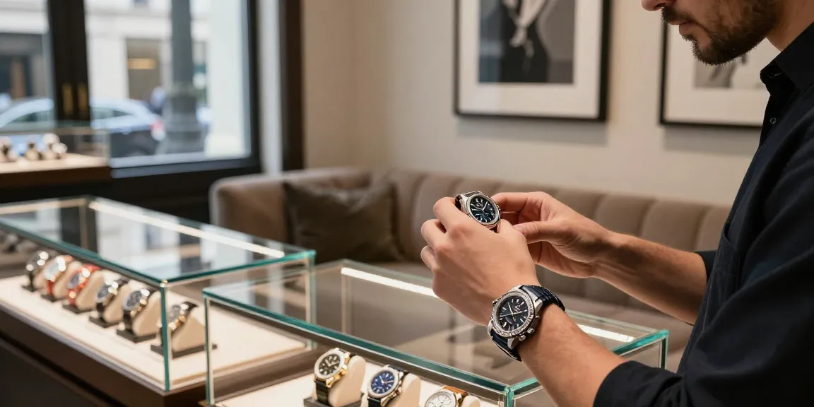 Exploring a curated collection of super clone watches in a luxurious boutique.