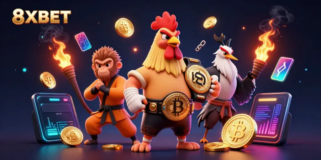 Embrace the excitement of 8XBET with dynamic martial characters and crypto elements for online gaming.