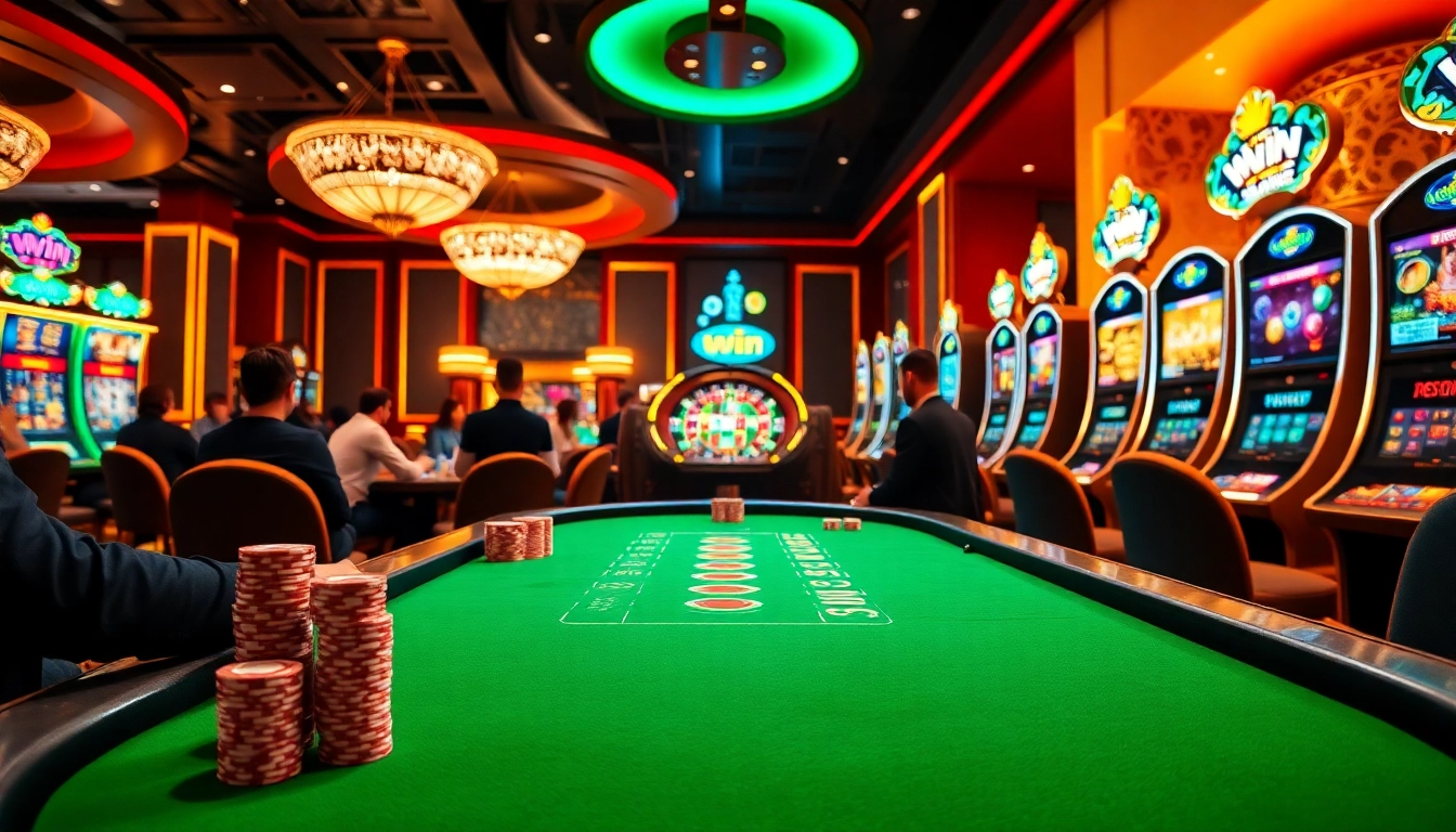 iwin casino scene with vibrant poker table and illuminated slot machines creating excitement