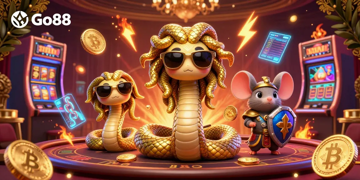 Engage in thrilling gameplay at Go88 with vibrant illustrations of 3D characters, casino elements, and cryptocurrencies.