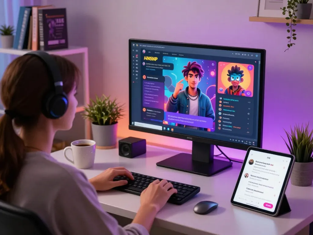 Interactive NSFW character AI chat experience showcasing vibrant character graphics and user-friendly interface in a cozy environment.