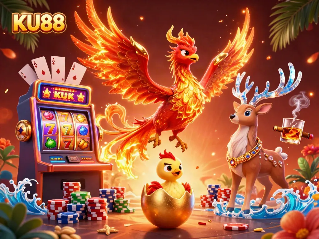 Experience excitement at KU88 with a vibrant phoenix and slot machines showcasing thrills and jackpots.