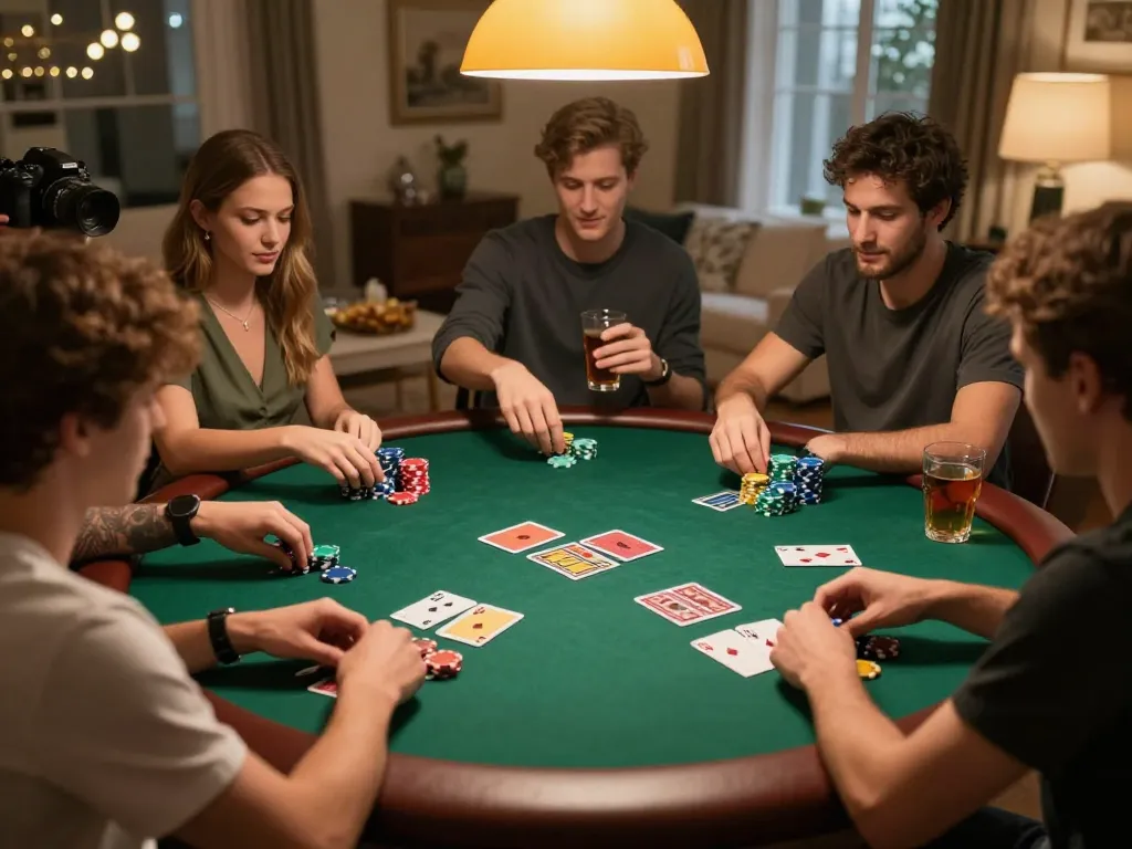 cm88 home poker night with friends and colorful chips creating a lively gaming atmosphere