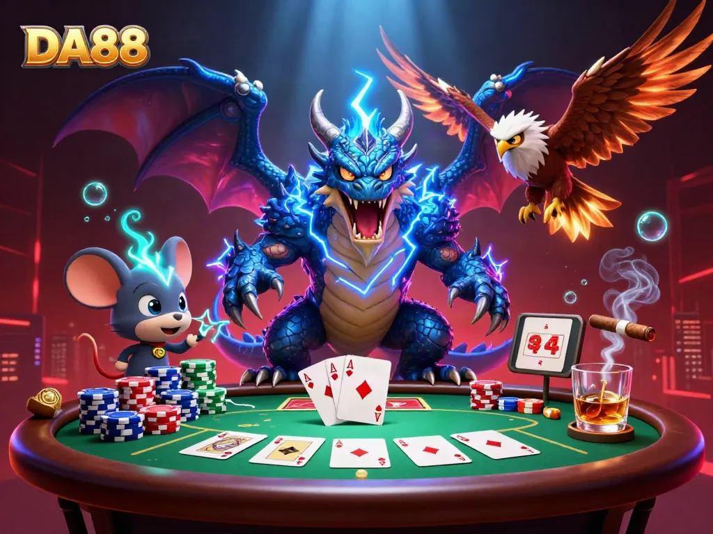 Engage with DA88’s vibrant casino experience featuring dragon, hawk, and dynamic poker elements for thrilling gaming.