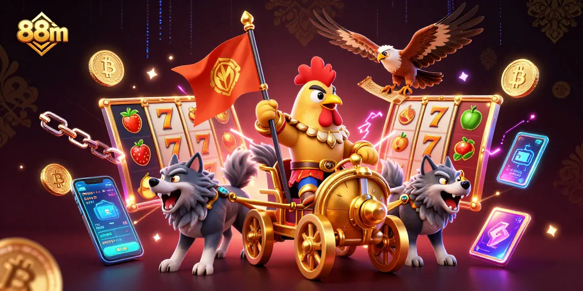 Engage with 88m's thrilling slots as the rooster warlord conquers jackpots in a vibrant casino scene.