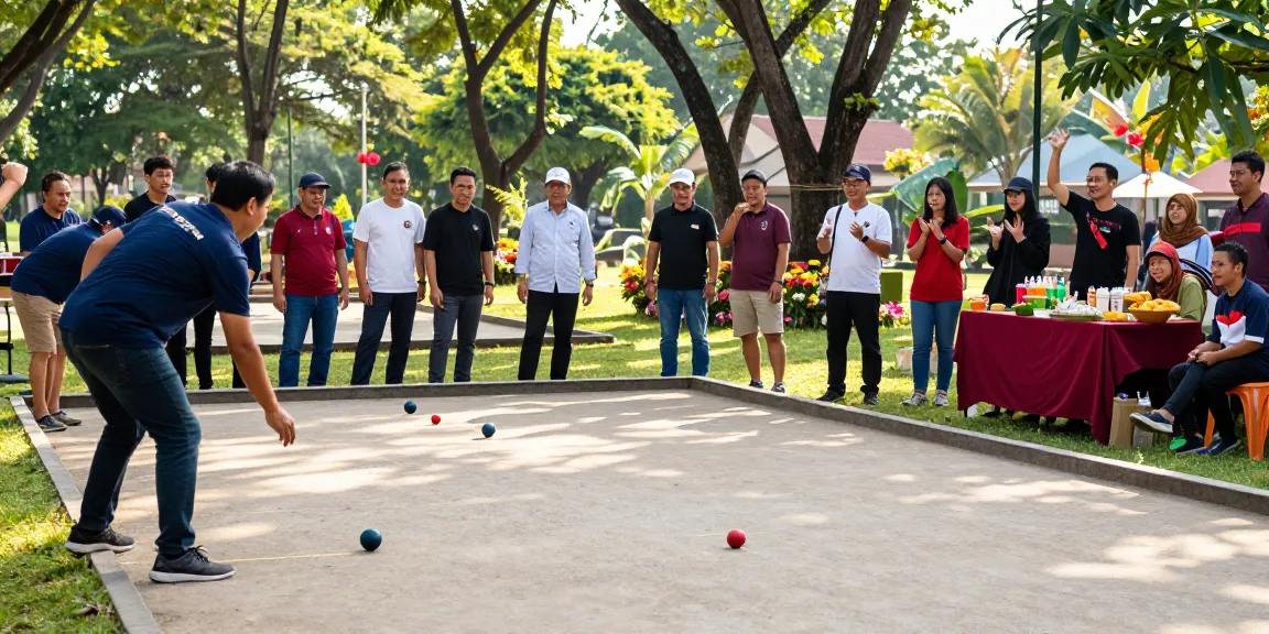 Petanque players at fopikotagorontal.org event in Gorontalo park, showcasing community spirit and sportsmanship.