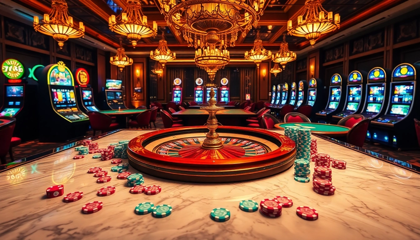 Players enjoying poker action and roulette at the luxurious 789 club casino, surrounded by vibrant slot machines.