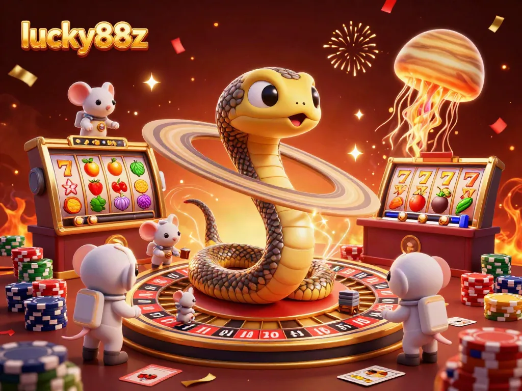 Engage in luck with lucky88z as vibrant slot reels and cosmic characters collide in a dynamic casino scene.