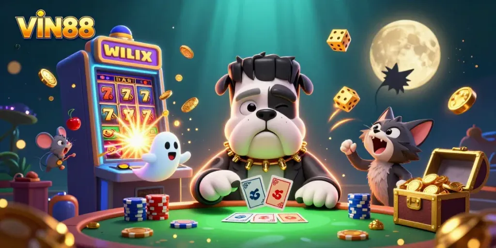 VIN88 brings excitement with a Frankenstein bulldog dealing cards at a spooky casino table.