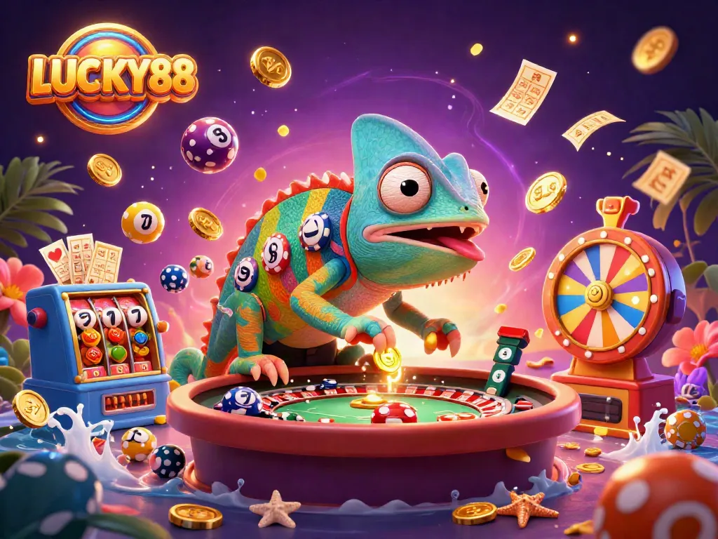 Engage with LUCKY88 and experience the vibrant excitement of the online casino with dynamic illustrations of games and characters.