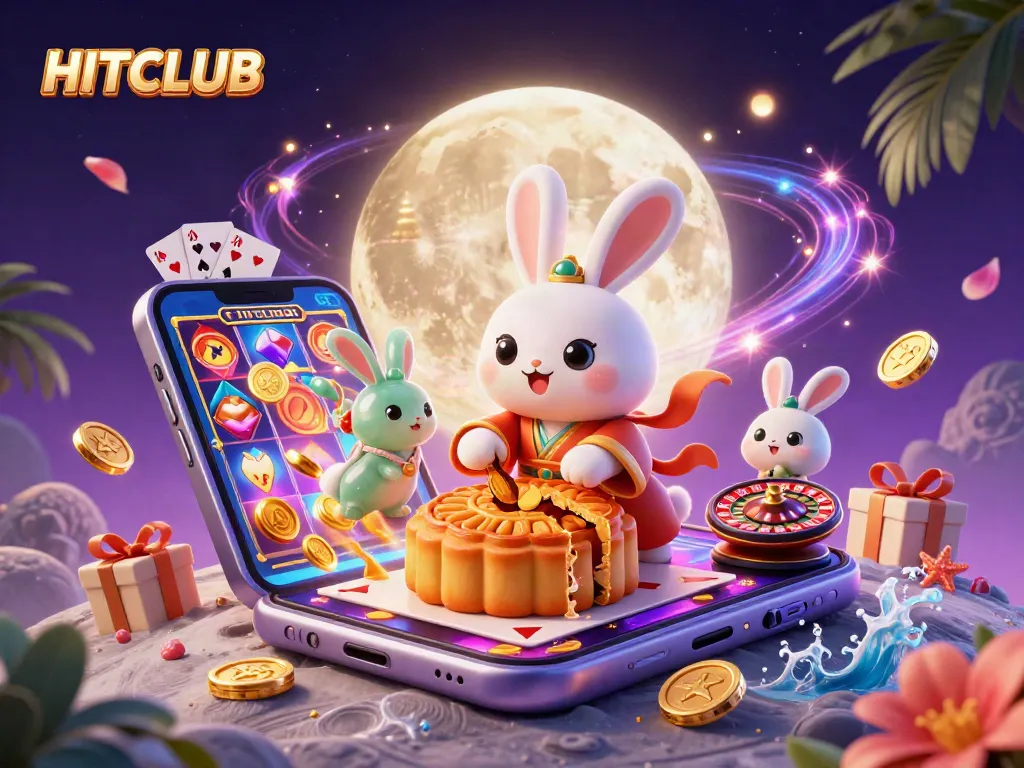 HITCLUB engages players with a magical moon-themed casino adventure featuring golden poker chips.