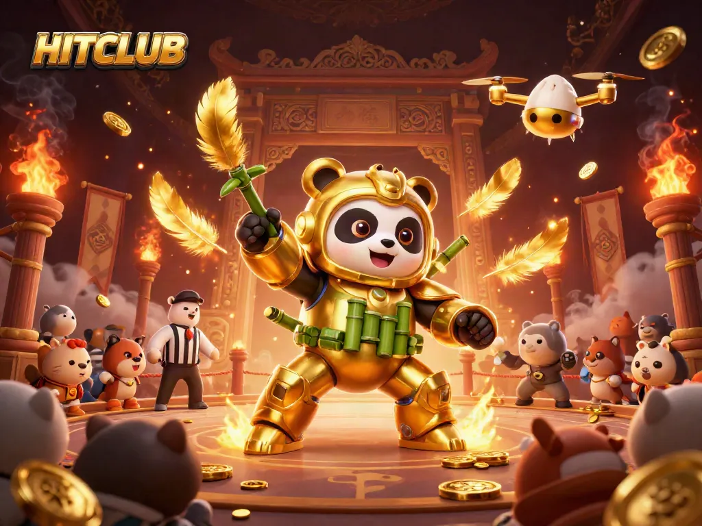 Engage with HITCLUB gaming excitement in an energetic arena with cartoon characters and vibrant effects.