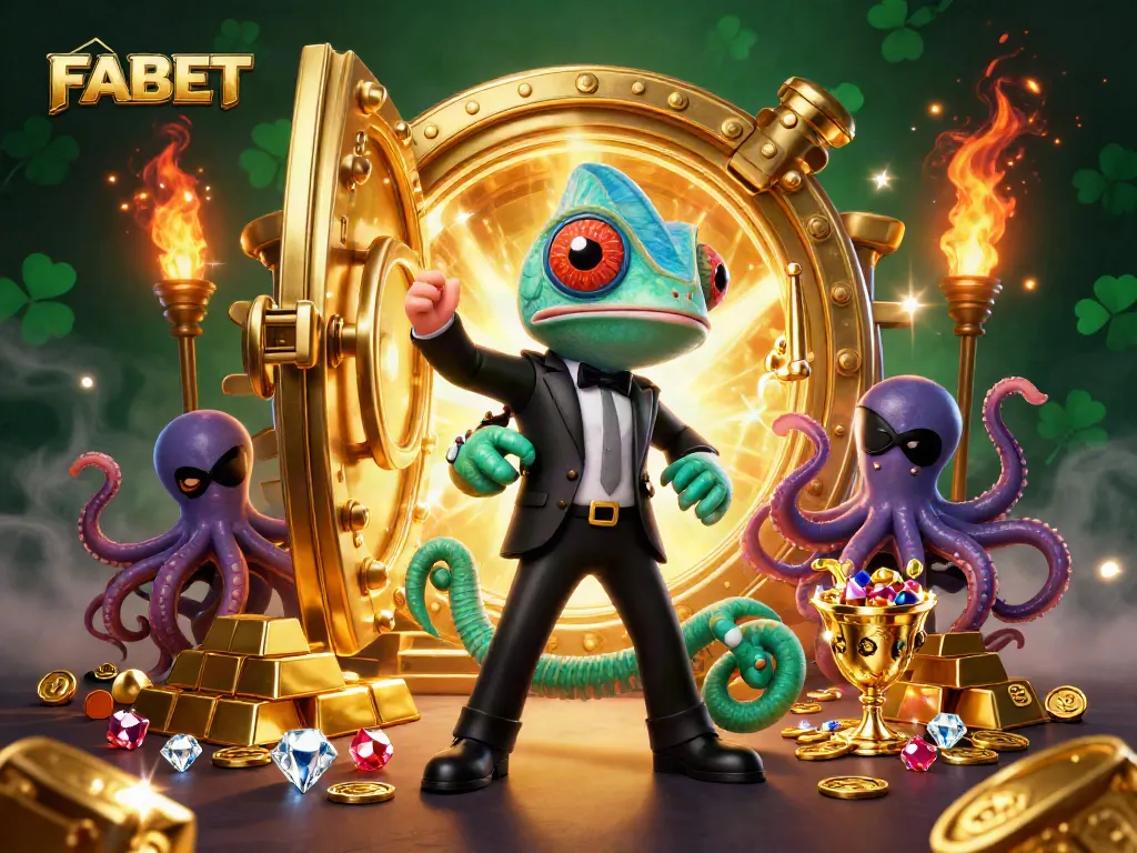 Experience thrilling wins at FABET with vibrant casino characters and golden treasures in an exciting illustration.