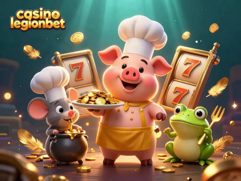 Experience the vibrant world of casino legionbet with chefs and treasures in a lively 3D illustration.