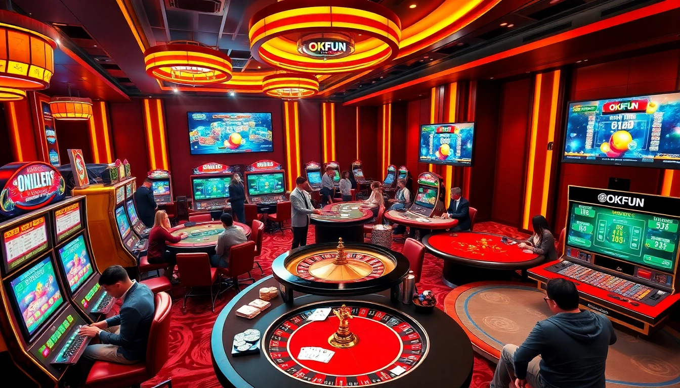Experience the excitement of OKFUN đăng nhập in a luxurious casino setting filled with vibrant gaming elements.