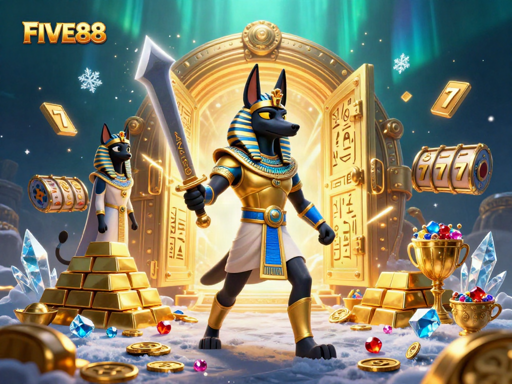 Experience thrilling gameplay at FIVE88 with stunning ancient Egyptian treasures and slot elements.