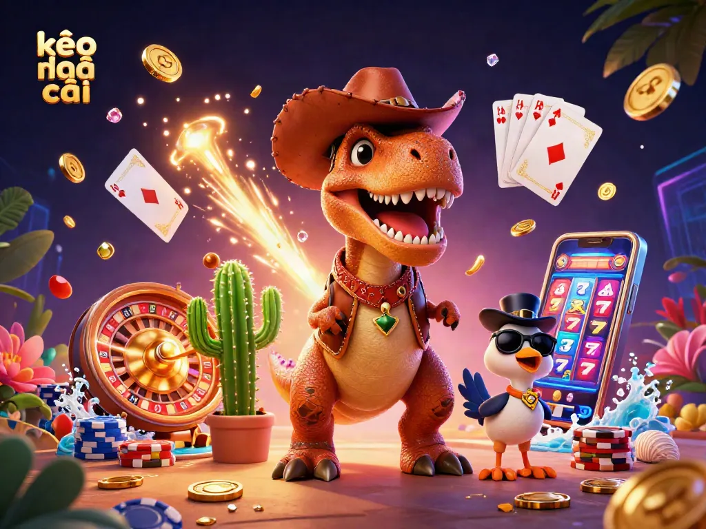 Engage with kèo nhà cái as cartoon dinosaur characters explore vibrant casino dynamics, showcasing colorful gaming elements.