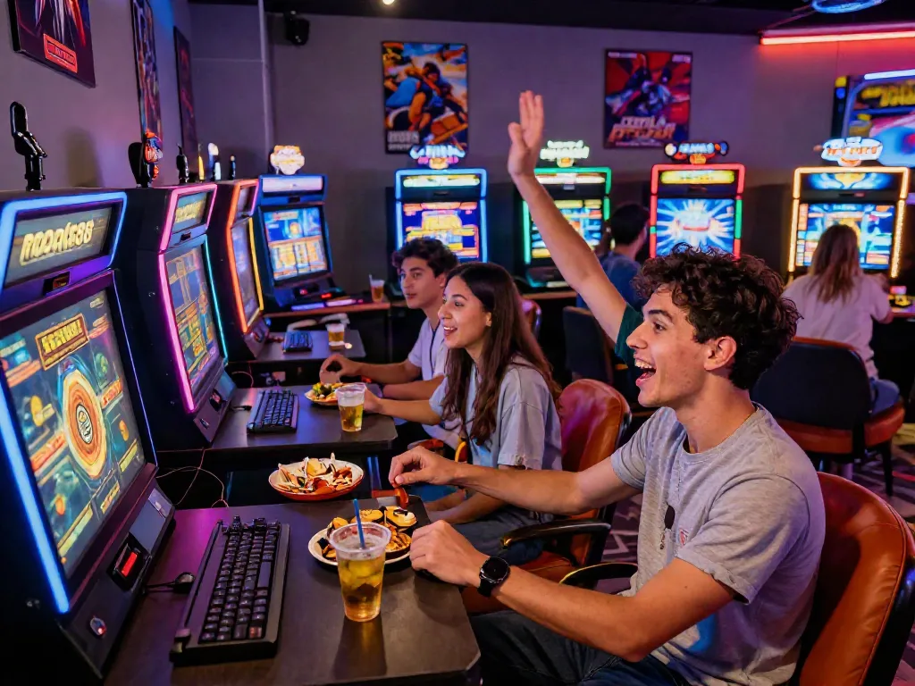 Friends enjoying an exciting game session at rokok88 slot machines in a colorful gaming lounge.
