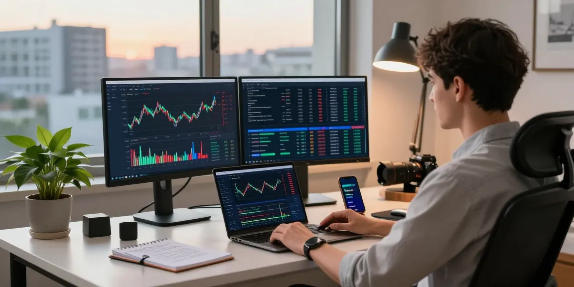 La escena de un operador usando Immediate Edge en su oficina moderna con gráficos del mercado.