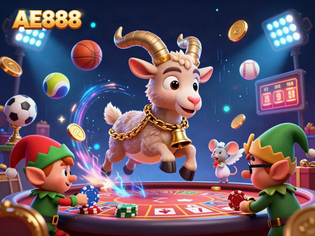 Engage with AE888's vibrant casino scene animated by cartoon characters and sports elements.