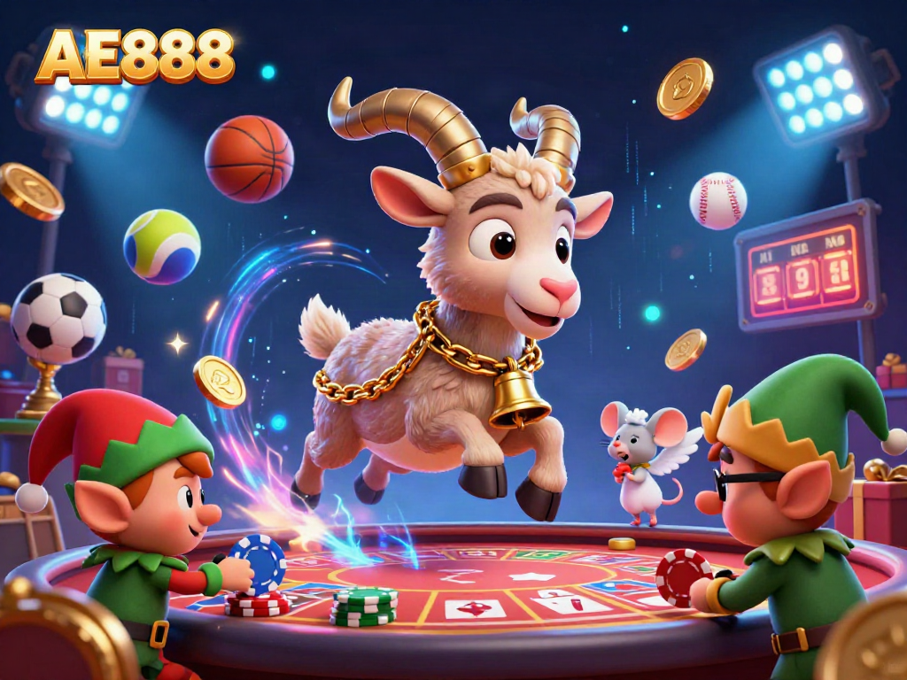 Engage with AE888's vibrant casino scene animated by cartoon characters and sports elements.