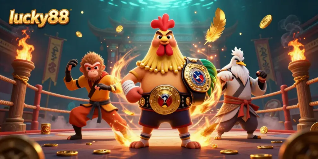 Win big with lucky88 at the vibrant gaming arena featuring dynamic characters and gold coins.