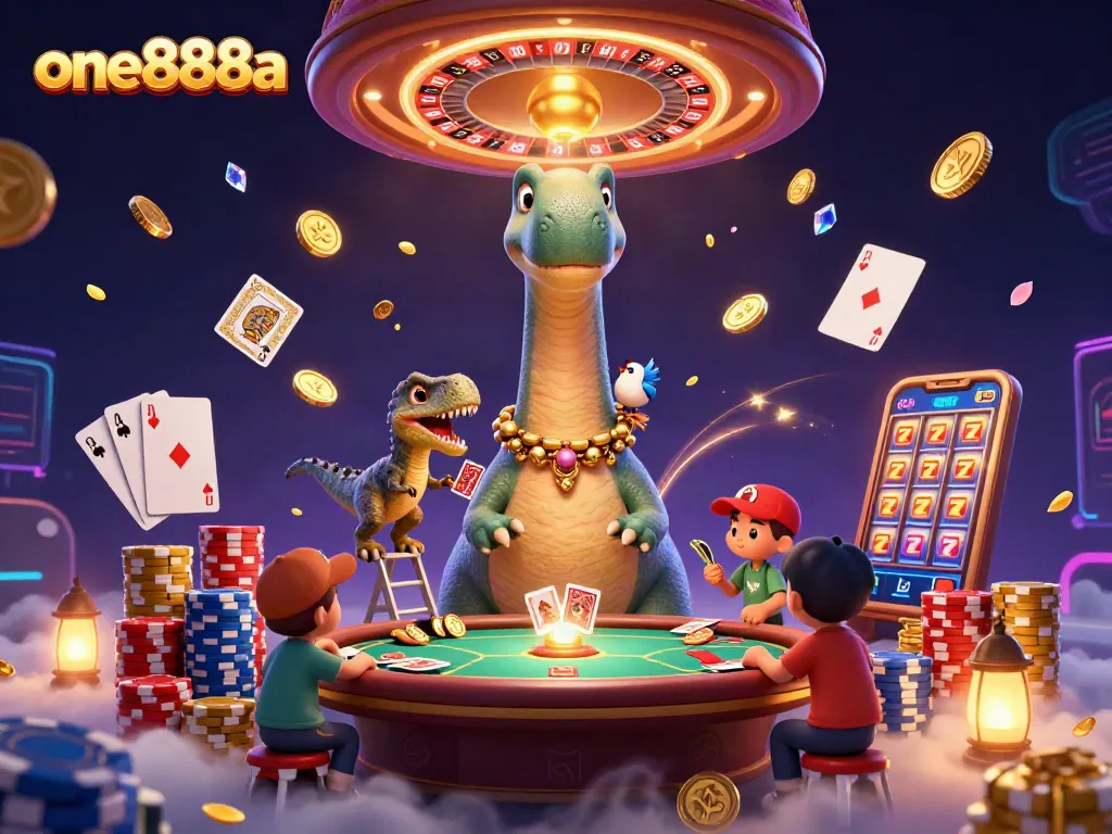 Experience excitement and jackpots with one888a's vibrant casino scene featuring characters and dynamic gaming elements.