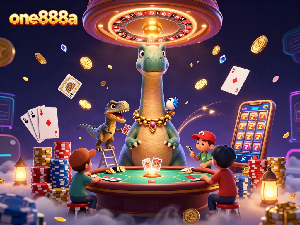 Experience excitement and jackpots with one888a's vibrant casino scene featuring characters and dynamic gaming elements.