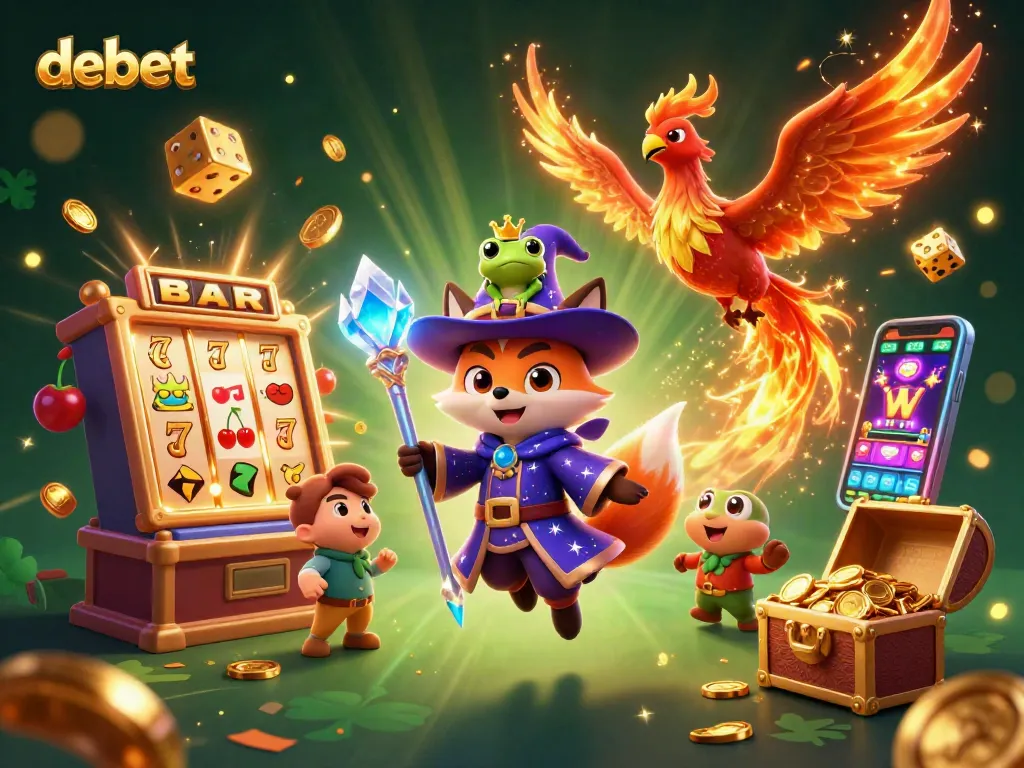 Experience the thrilling world of debet with a dynamic casino scene featuring magical elements and vibrant game symbols.