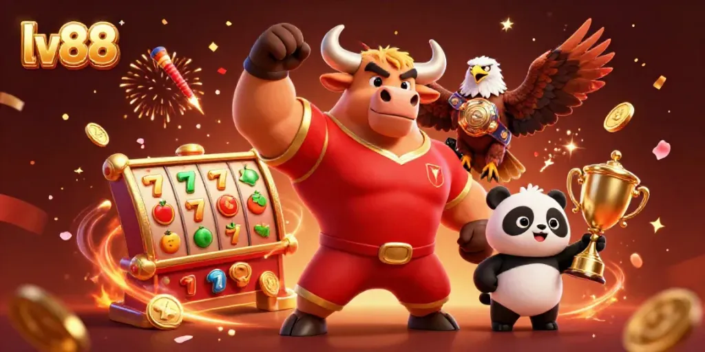 Experience excitement at lv88 with a victory pose from a bull mascot, slot reels, and celebratory fireworks.