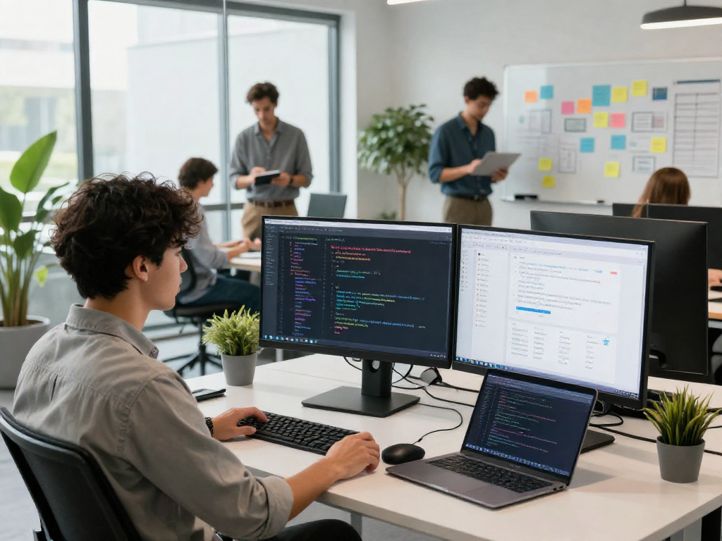 AI NSFW content moderation workspace featuring a developer coding on dual monitors with real-time analytics in a vibrant tech office.