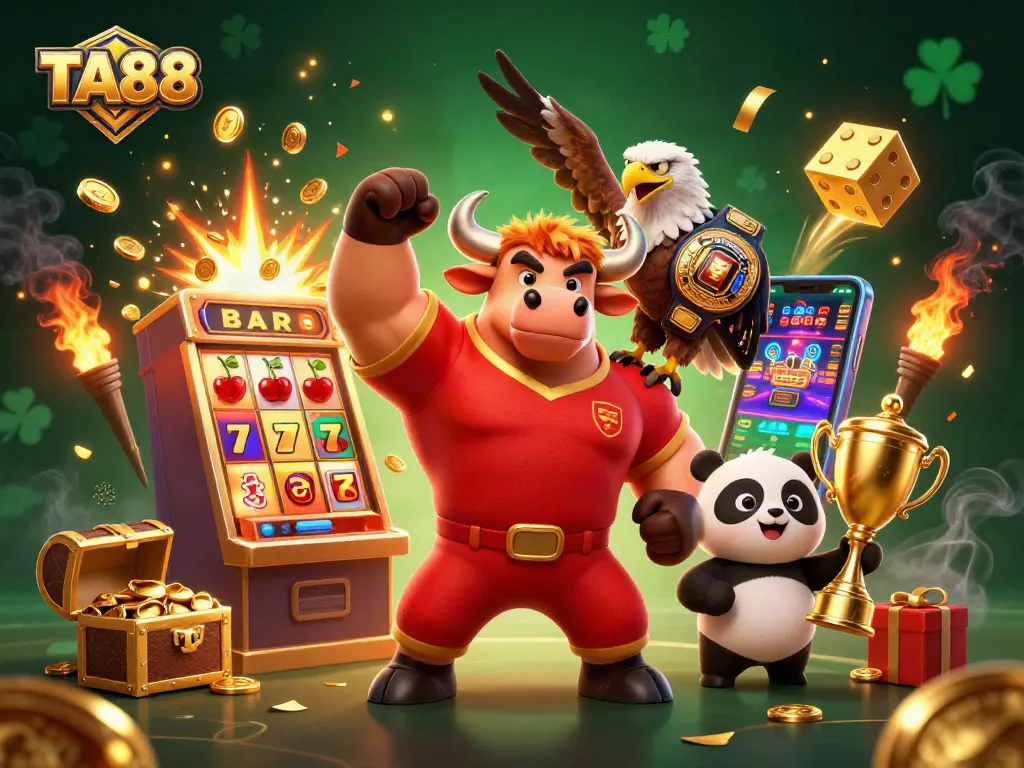 Win big at TA88 with a vibrant scene of gambling excitement featuring a victorious bull mascot.
