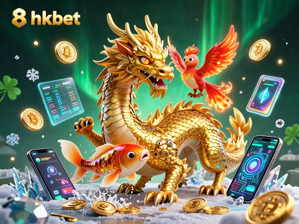 Join the thrilling experience at 8xbet with golden dragon, phoenix and koi fish amidst casino riches.