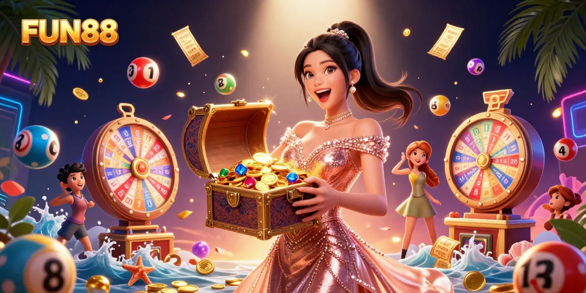 Engage with FUN88 through a vibrant scene of a joyful woman showcasing treasures from an overflowing chest of casino rewards.