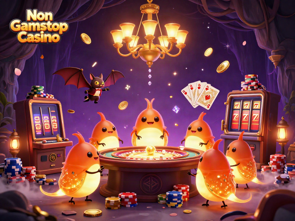 Experience the lively atmosphere of a Non Gamstop Casino with bioluminescent glowworms and vibrant game elements.