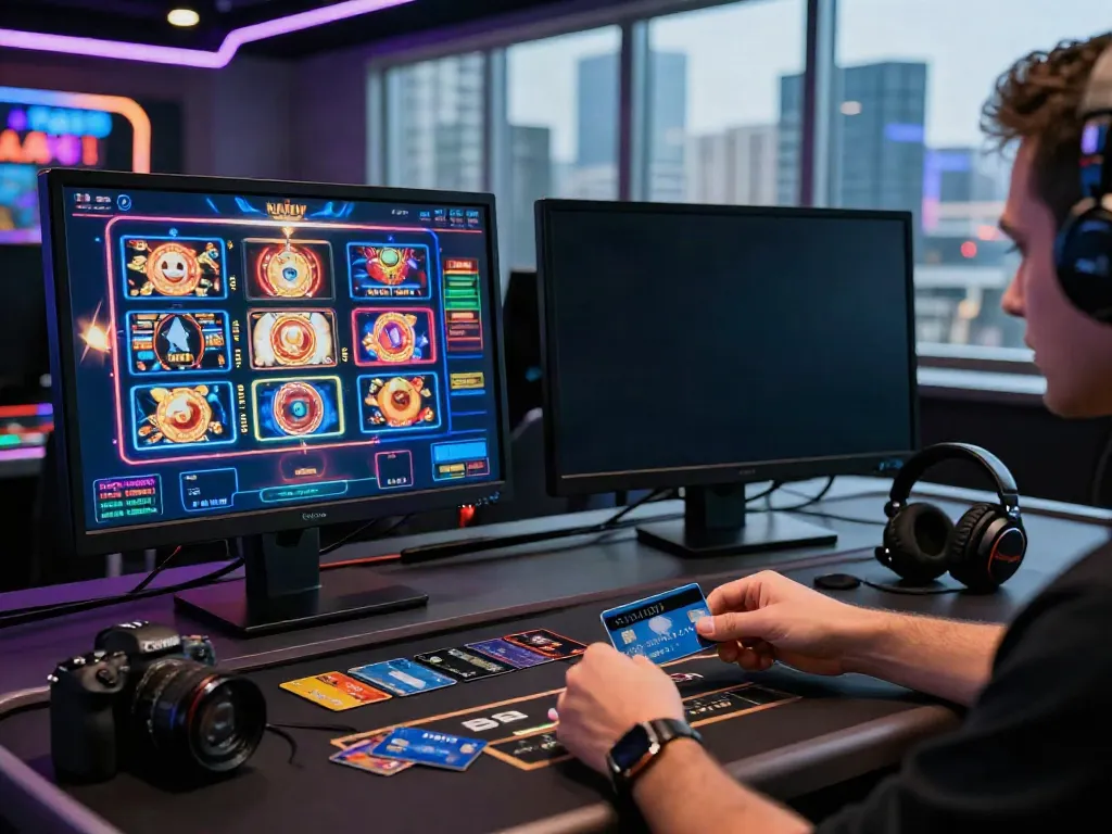 Player at a computer desk using casinos that accept credit cards with vibrant gaming graphics and stylish accessories.