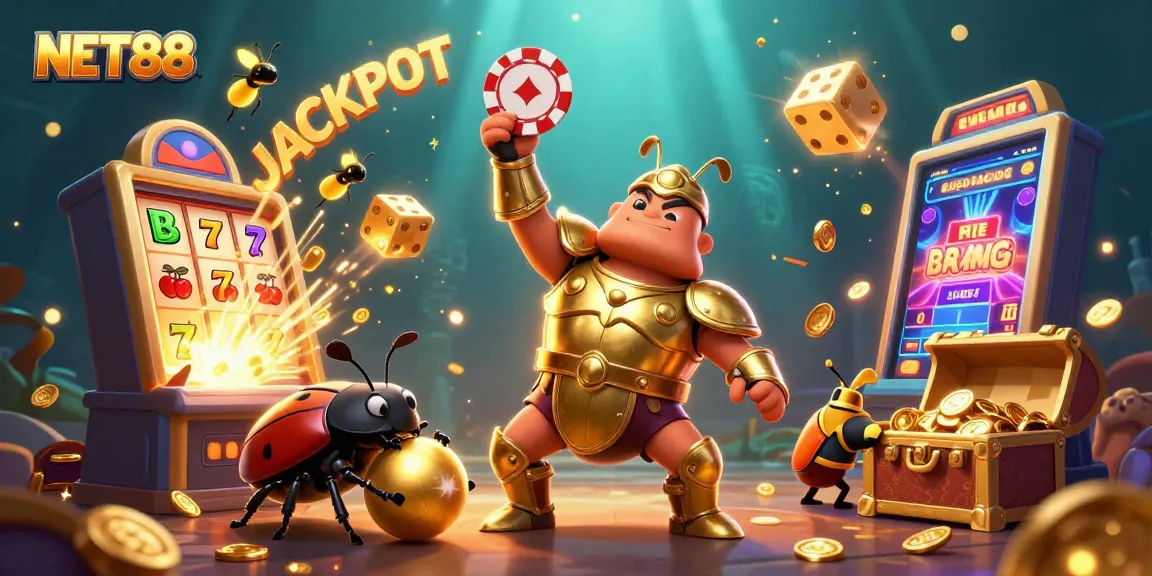 Engage with NET88 by experiencing a thrilling jackpot scene featuring cartoon characters in a vibrant casino atmosphere.