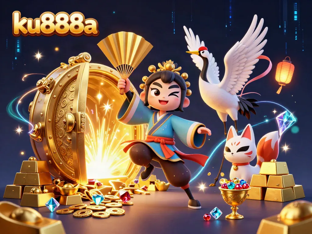 Experience thrilling action at ku888a with vibrant casino elements, gold treasures, and dynamic characters.