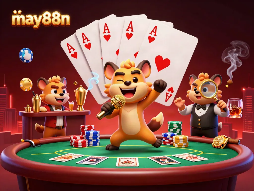 Join the fun at may88n as hyenas narrate casino adventures amidst vibrant poker scenes.