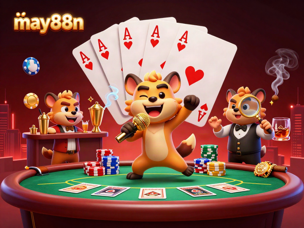 Join the fun at may88n as hyenas narrate casino adventures amidst vibrant poker scenes.