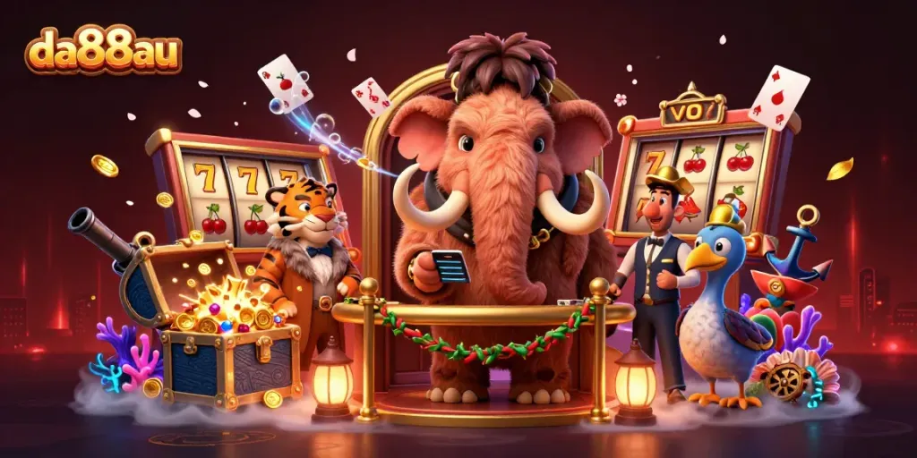 da88au's casino world comes alive with a stunning 3D illustration featuring vibrant game elements and characters.