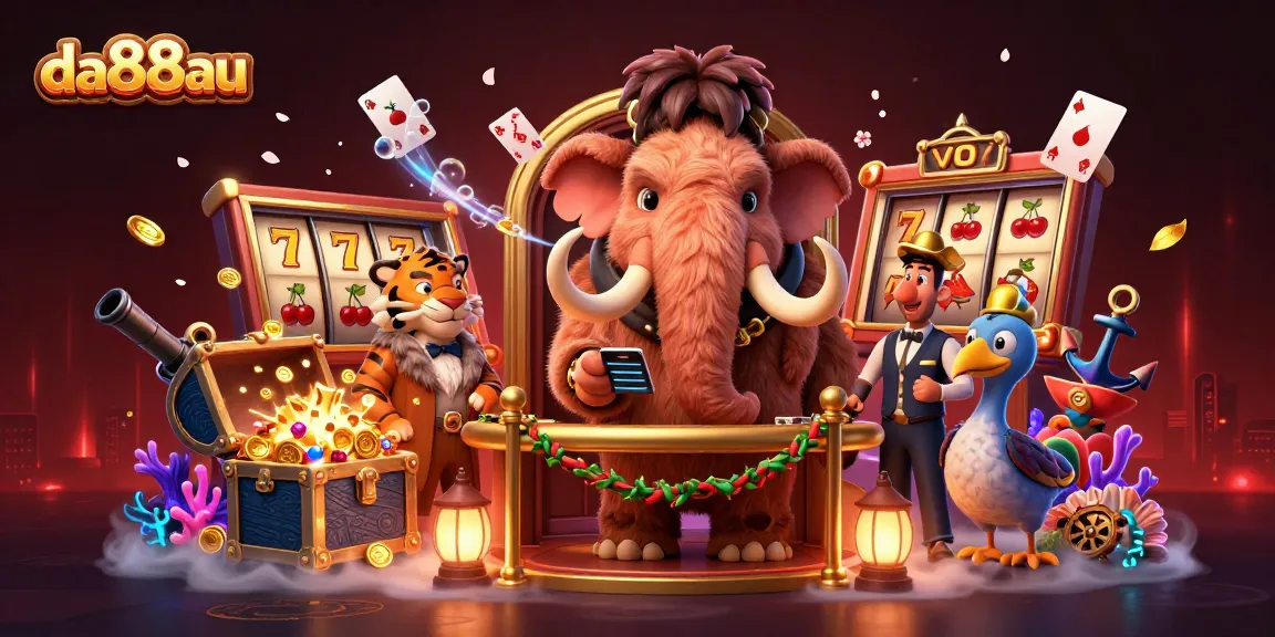 da88au's casino world comes alive with a stunning 3D illustration featuring vibrant game elements and characters.