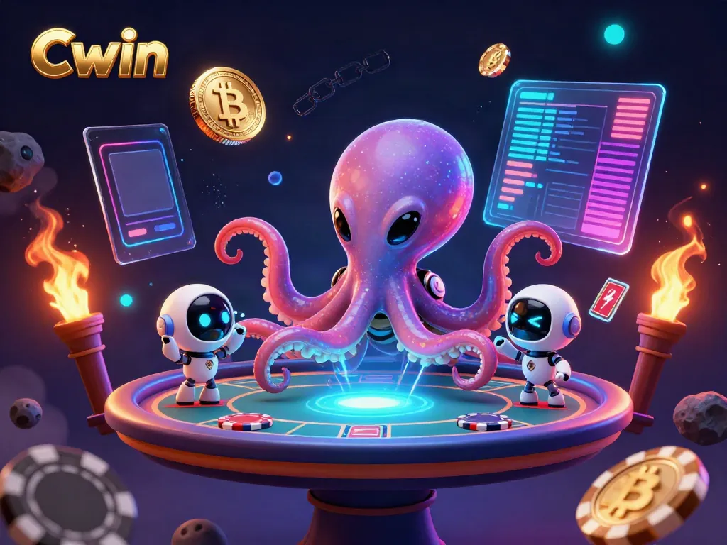 Cwin showcases an alien octopus engaging in holographic casino gaming with robot friends and crypto elements.