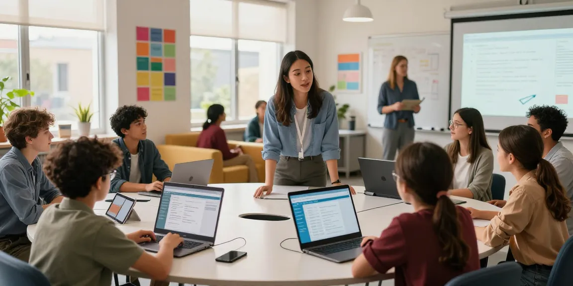 Innovative classroom scene with teachers using EMStudio's online teacher planner for lesson planning and classroom management.
