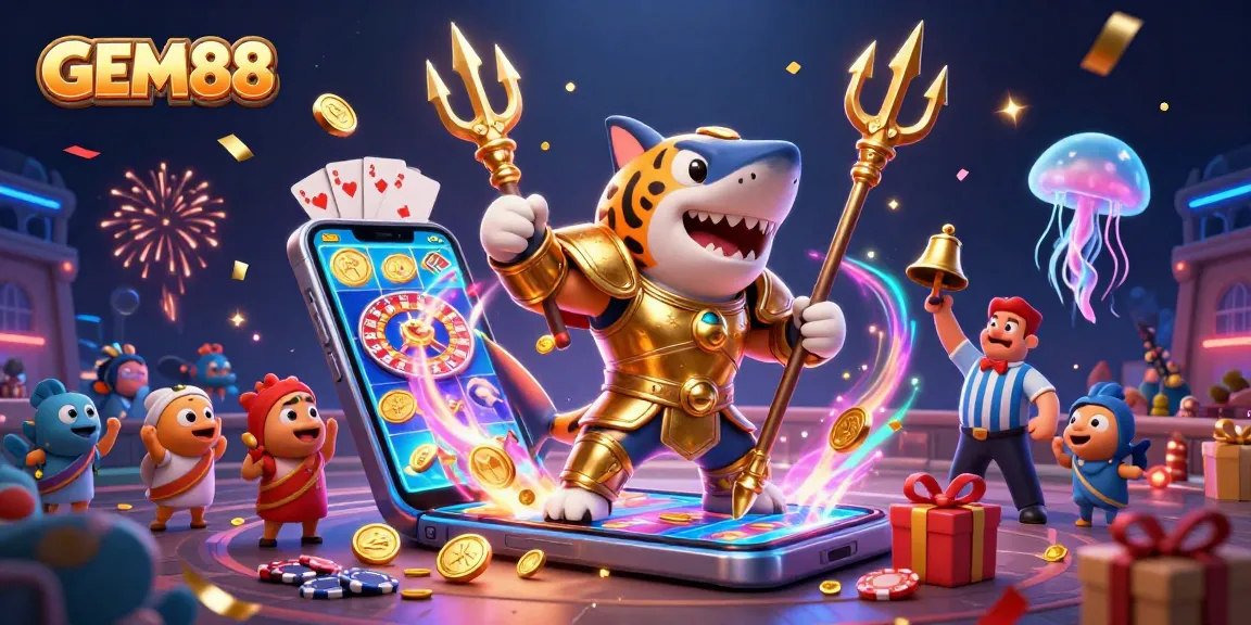 Engage in thrilling gameplay at GEM88 with a vibrant scene of a tiger shark and dynamic casino elements.