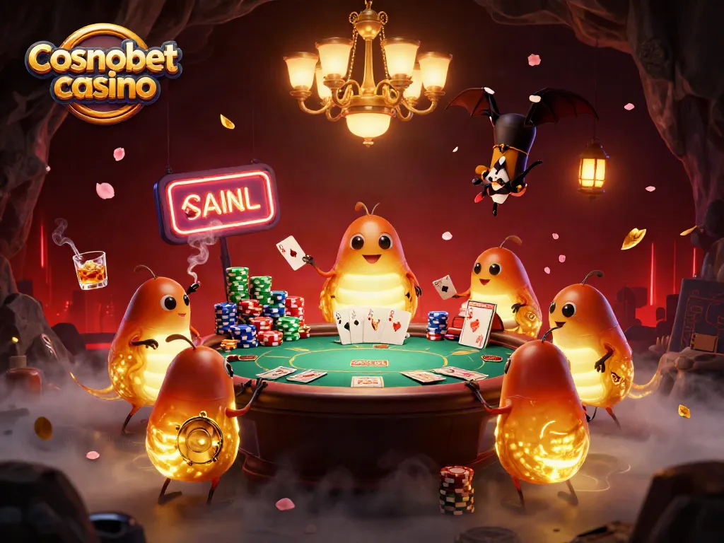 Experience cosmobet casino's vibrant atmosphere with glowing glowworms and a bat dealer