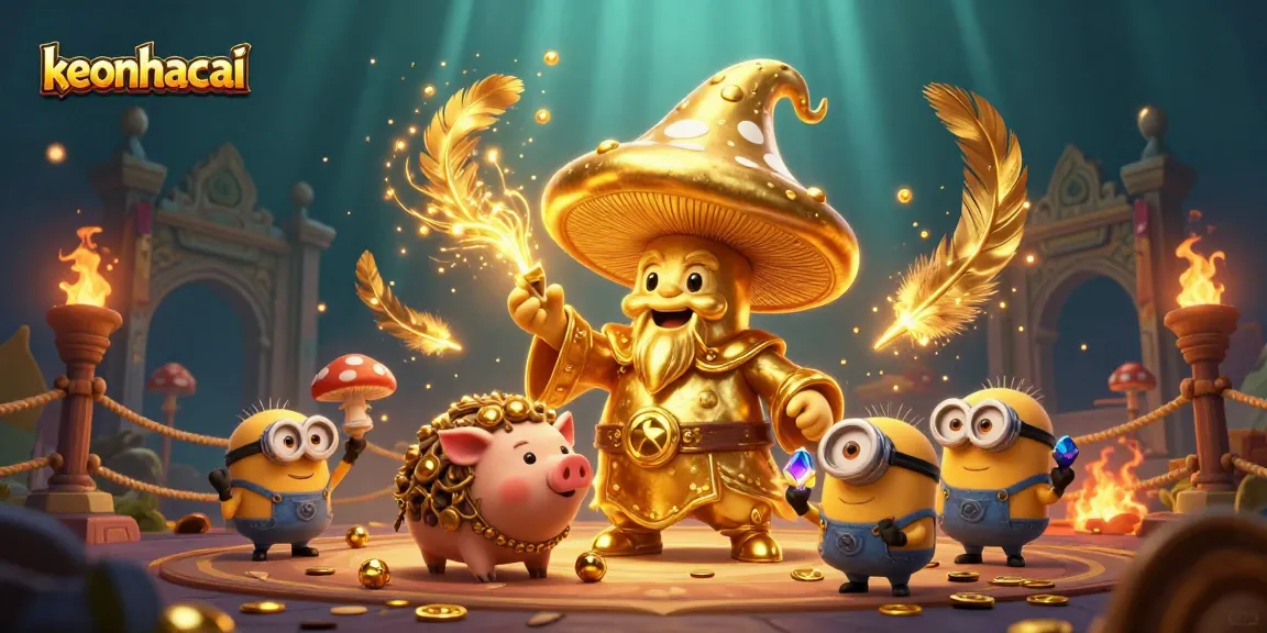 Engage in the keonhacai experience with a whimsical jackpot theme featuring a golden mushroom wizard and treasure elements.