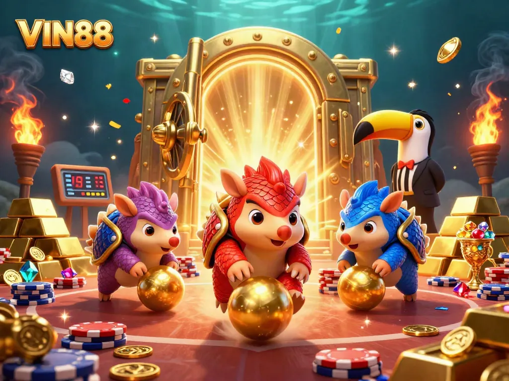VIN88 pangolins compete with poker chips amidst dazzling gold treasures.