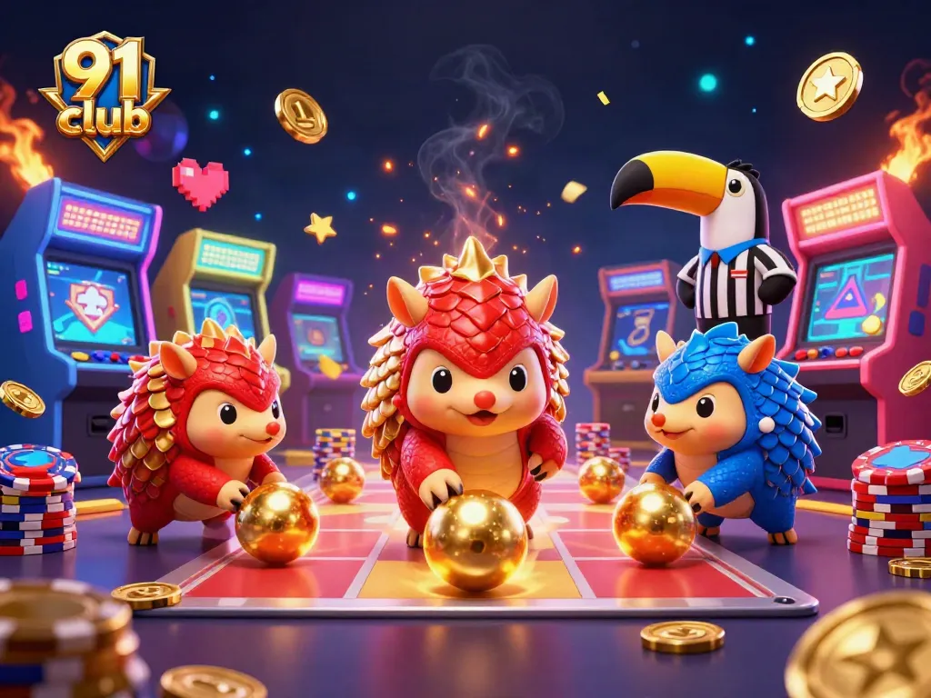 Engage with the thrilling 91 club as pangolins compete in a dynamic casino-themed game scene.