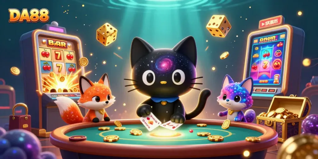 Experience DA88's captivating cosmic casino scene with thrilling gaming elements and vibrant characters.